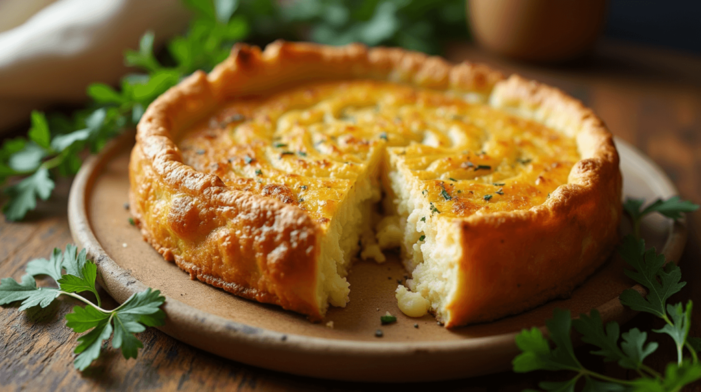 A slice of golden, flaky potato pie with creamy mashed potato filling on a rustic plate.