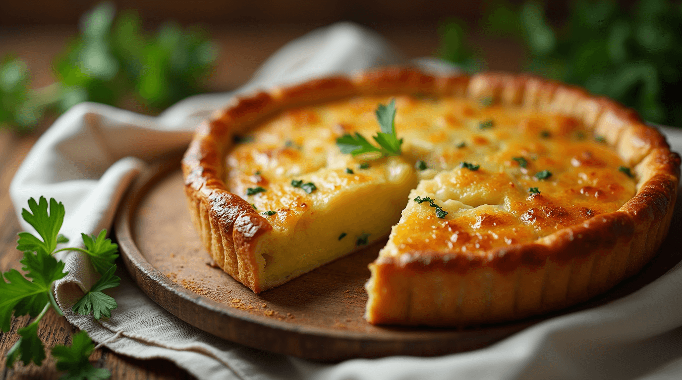 Passover Potato Pie with golden crust and mashed potato filling.