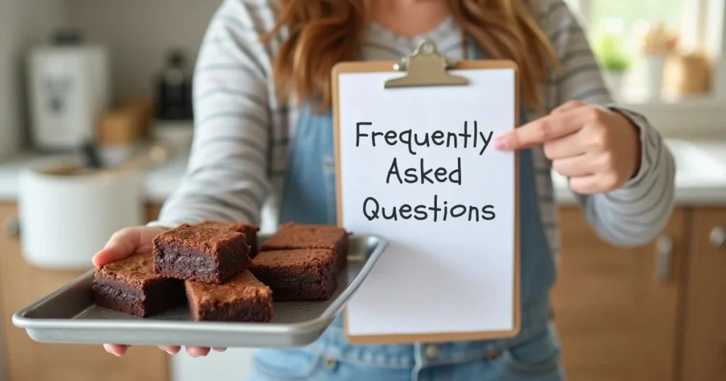 Person holding a tray of brownies and pointing to a notepad with FAQs written on it. Make Sweeter Tips