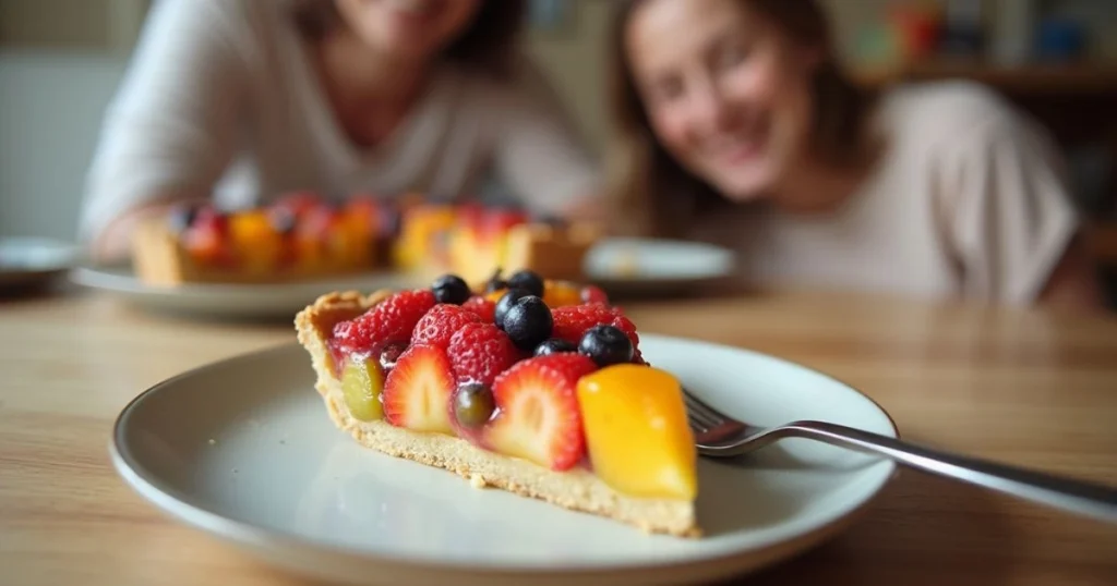 Slice of quick fruit tart on a plate with a fork, ready to be enjoyed with family and friends.