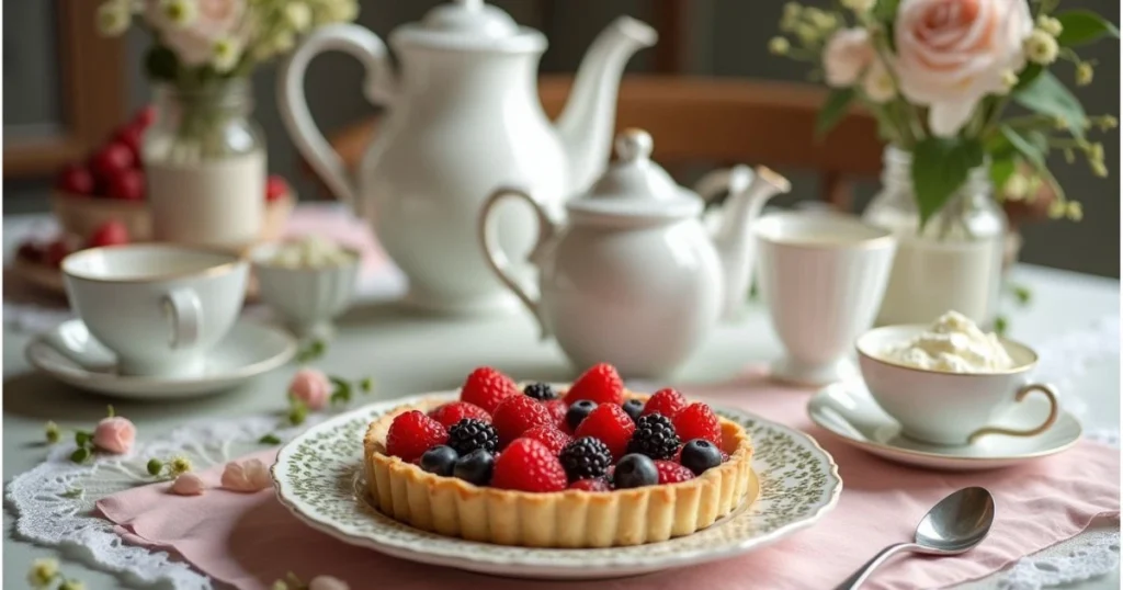 Quick fruit tart served as a centerpiece on an elegant table with tea and whipped cream.