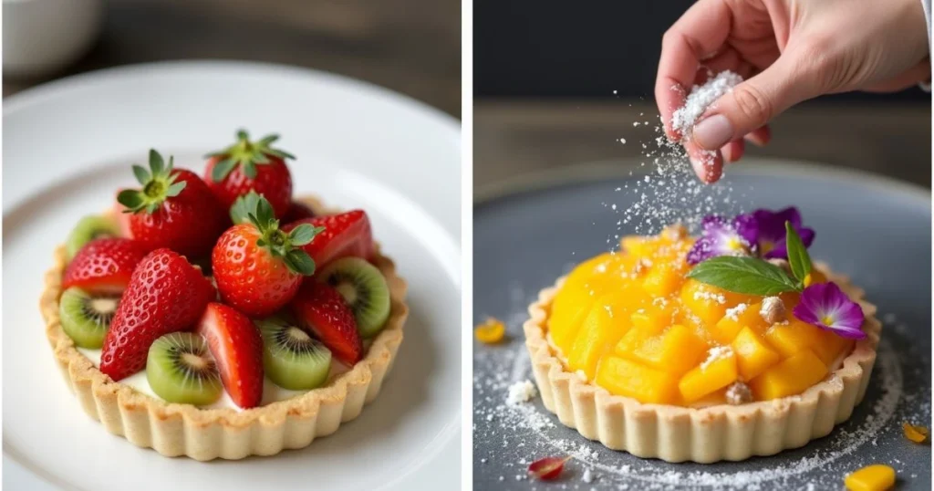 Two quick fruit tarts: classic strawberry-kiwi and creative mango-edible flower variations.