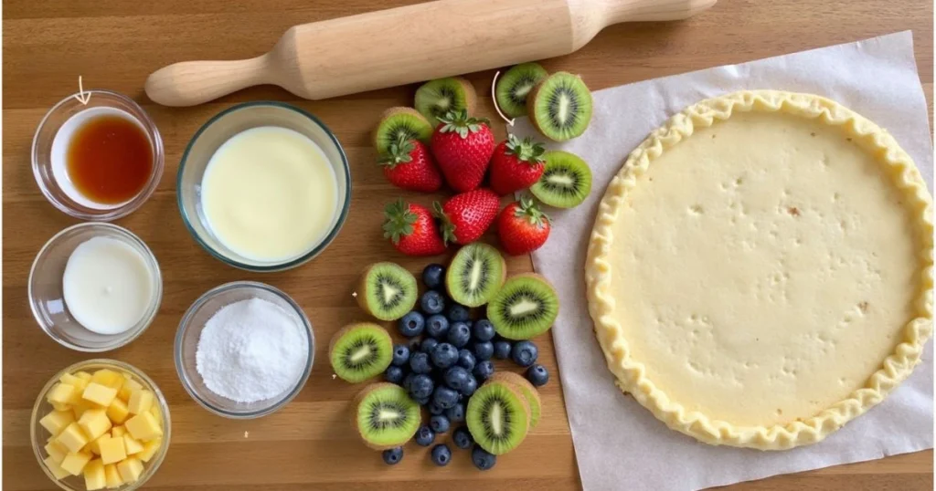 Ingredients for quick fruit tart: puff pastry, fresh fruits, custard, sugar, and apricot jam arranged on a wooden table.