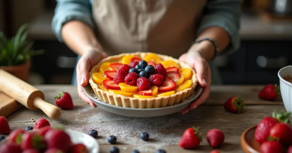 Person holding a quick fruit tart in a cozy kitchen, surrounded by fresh fruits and baking tools.