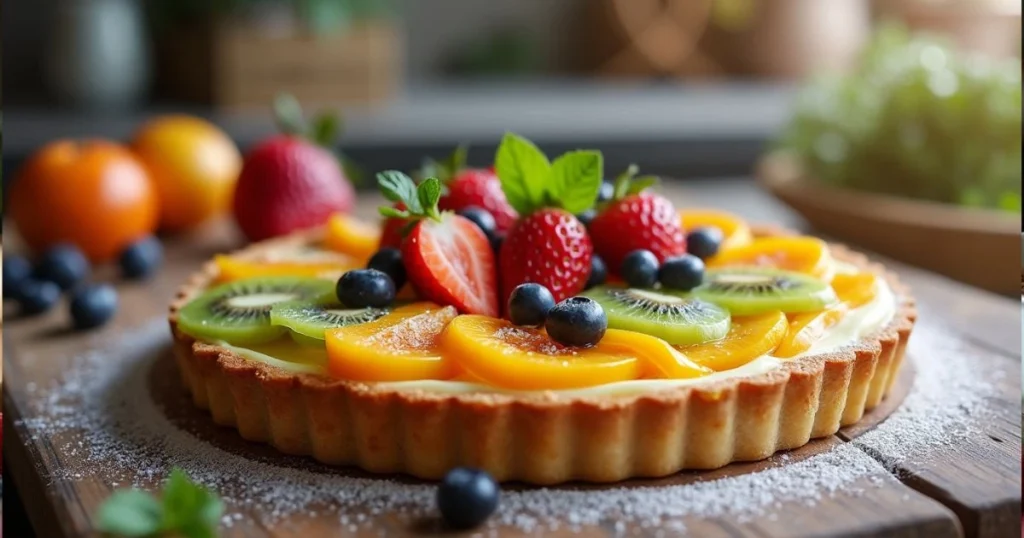 Quick fruit tart with fresh strawberries, kiwi, blueberries, and mango on a golden puff pastry crust, garnished with mint leaves and powdered sugar.