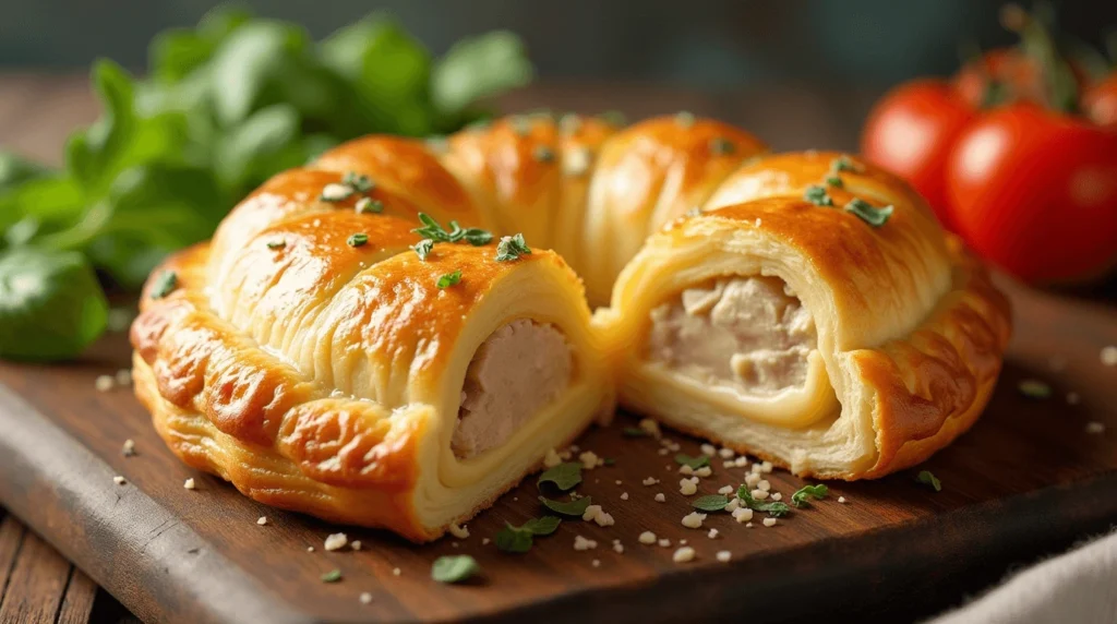 Golden, flaky chicken and cheese jalousie with creamy filling, served with fresh greens on a rustic wooden table.