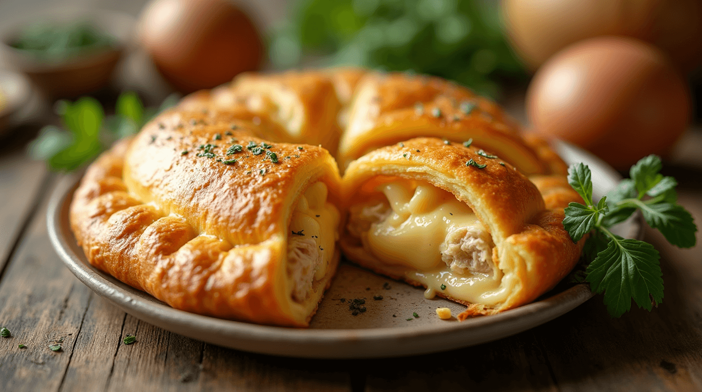 Golden, flaky chicken and cheese jalousie with creamy filling, served with fresh greens on a rustic wooden table.