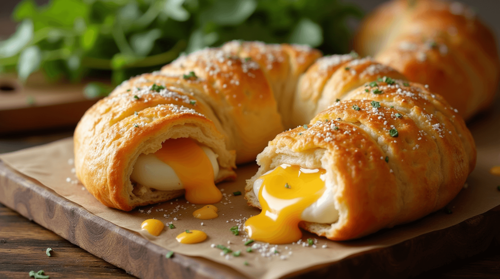 Golden, flaky chicken and cheese jalousie with creamy filling, served with fresh greens on a rustic wooden table.