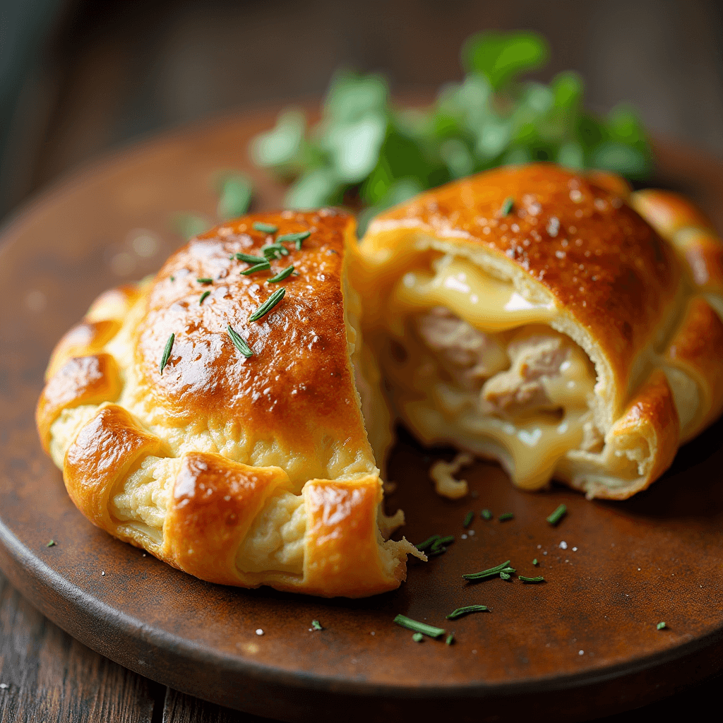 Golden, flaky chicken and cheese jalousie with creamy filling, served with fresh greens on a rustic wooden table.