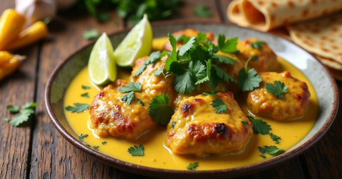 Golden Churu Chicken Amarillo served with tortillas and lime on a rustic table.