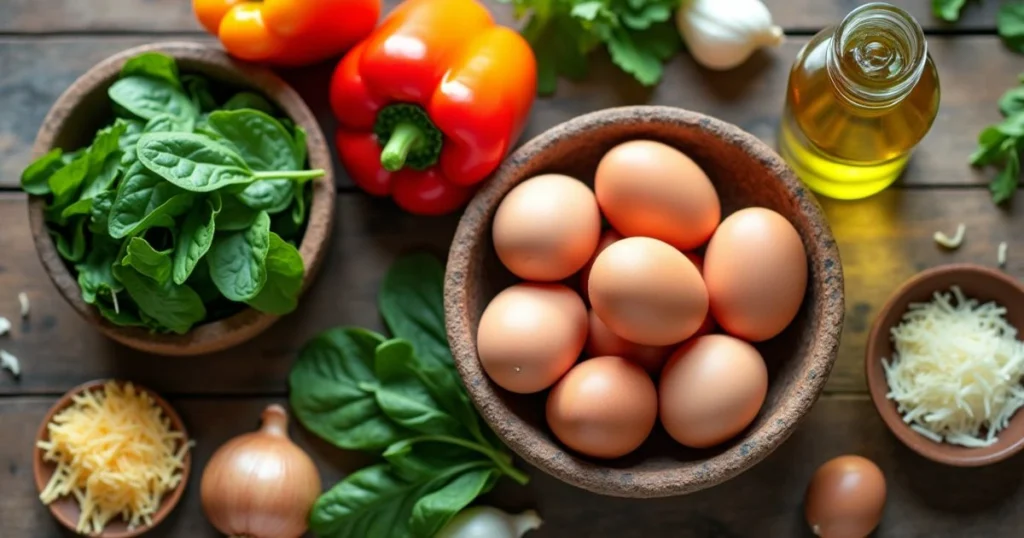 Fresh ingredients for egg recipes: eggs, bell peppers, spinach, onions, garlic, herbs, cheese, and olive oil arranged on a rustic wooden table.