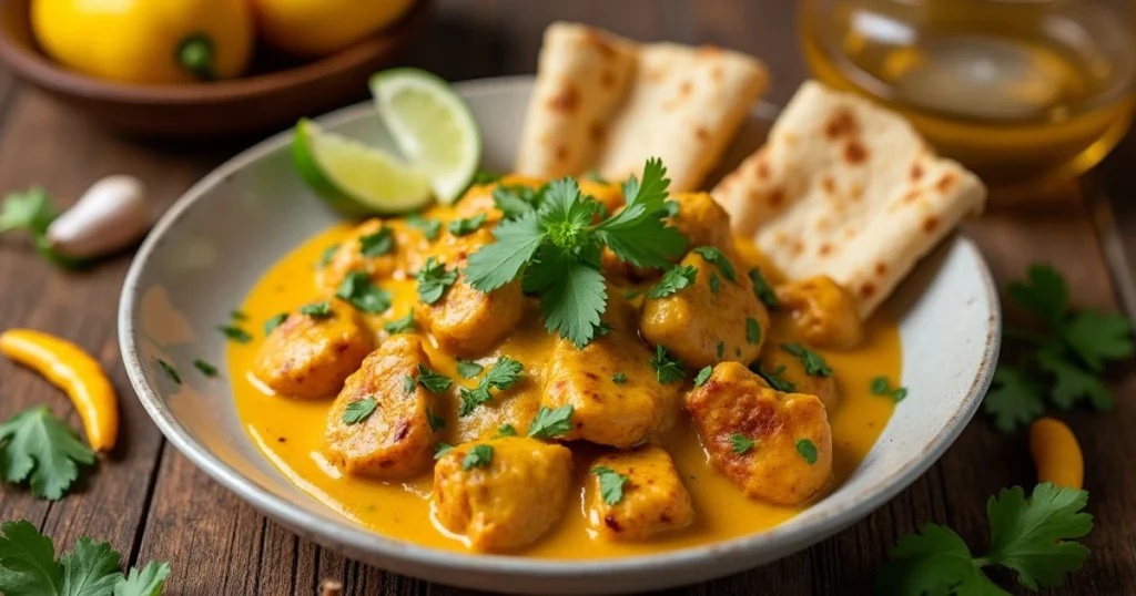 A plate of Churu Chicken Amarillo garnished with cilantro and served with warm tortillas and lime wedges on a rustic wooden table.