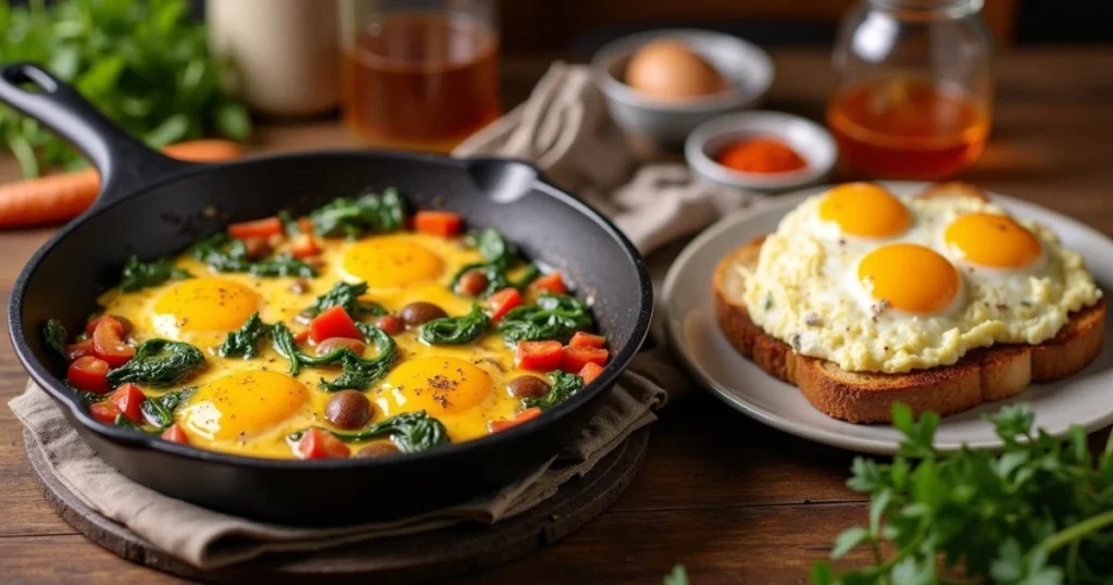 Two quick and delicious egg recipes for dinner: a cheesy veggie egg skillet and garlic herb scrambled eggs with toast, garnished with fresh herbs and paprika.