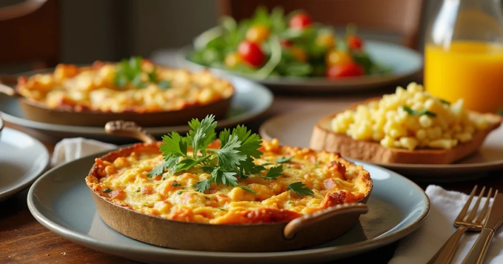 A beautifully plated dinner table with cheesy veggie egg skillet, garlic herb scrambled eggs on toast, a side salad, roasted veggies, and a glass of orange juice.