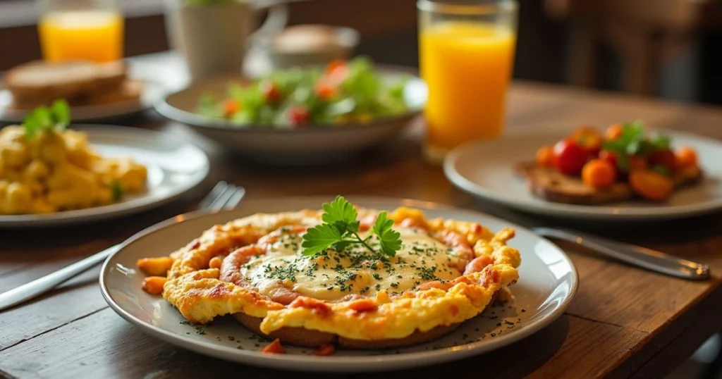 A beautifully plated dinner table with cheesy veggie egg skillet, garlic herb scrambled eggs on toast, a side salad, roasted veggies, and a glass of orange juice.