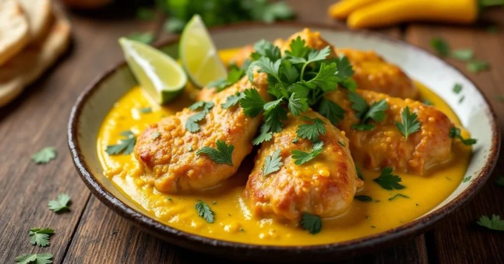 Plate of Churu Chicken Amarillo with vibrant yellow chili sauce, garnished with cilantro, served with warm tortillas and lime wedges.