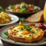 A beautifully plated dinner table with cheesy veggie egg skillet, garlic herb scrambled eggs on toast, a side salad, roasted veggies, and a glass of orange juice.