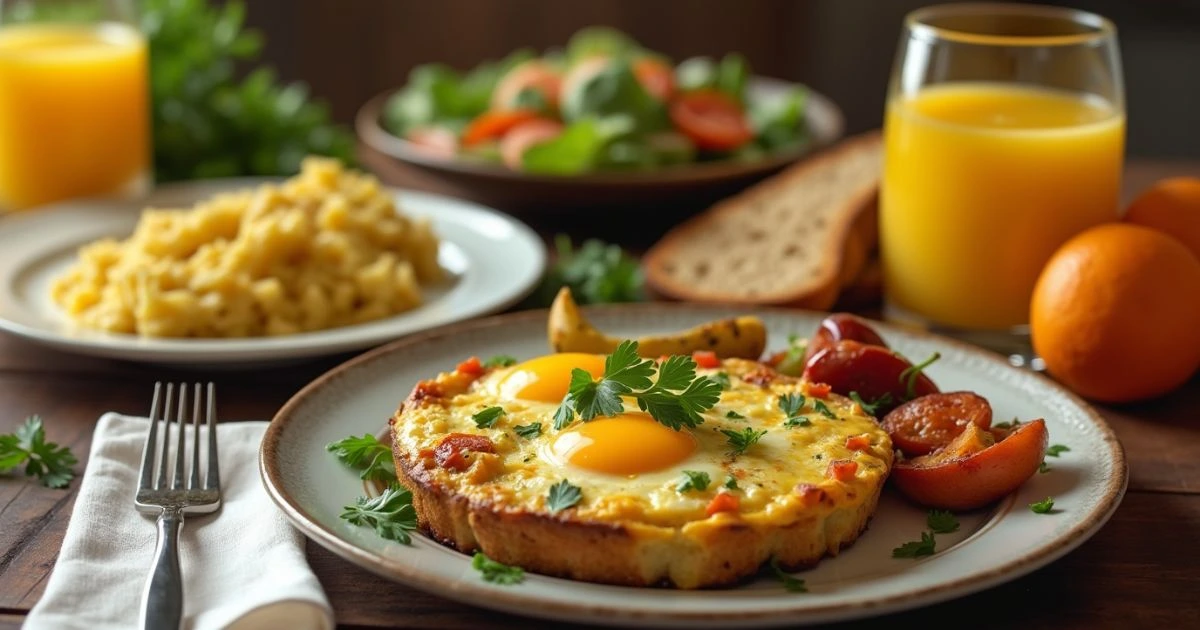 A beautifully plated dinner table with cheesy veggie egg skillet, garlic herb scrambled eggs on toast, a side salad, roasted veggies, and a glass of orange juice.