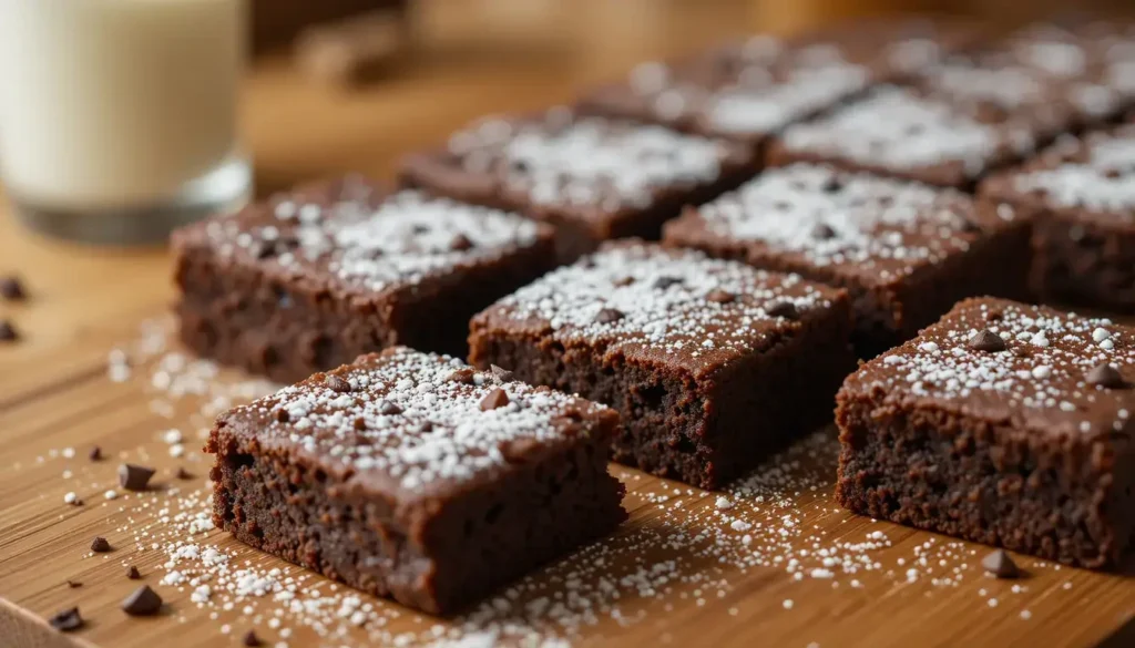 "Close-up of sweet, gooey brownies with a sprinkle of powdered sugar, ready to be enjoyed. Make Sweeter Tips