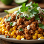 Close-up of a delicious Ground Chicken Mexican Corn dish, topped with cilantro, lime, and crumbled cheese.