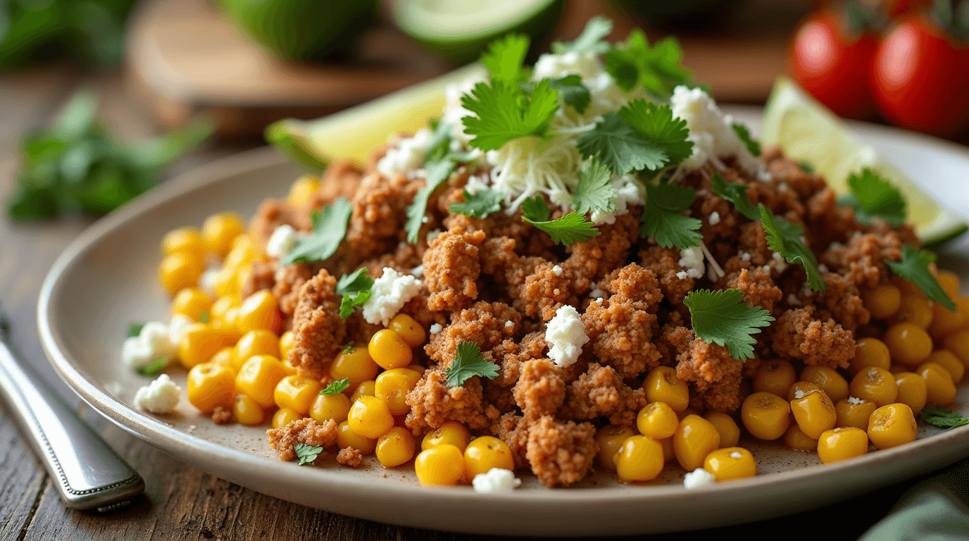 Close-up of a delicious Ground Chicken Mexican Corn dish, topped with cilantro, lime, and crumbled cheese.