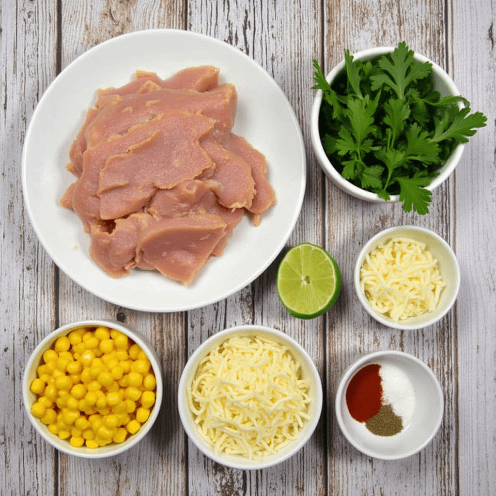 Ingredients for Ground Chicken Mexican Corn: chicken, corn, lime, cilantro, cheese, and spices.