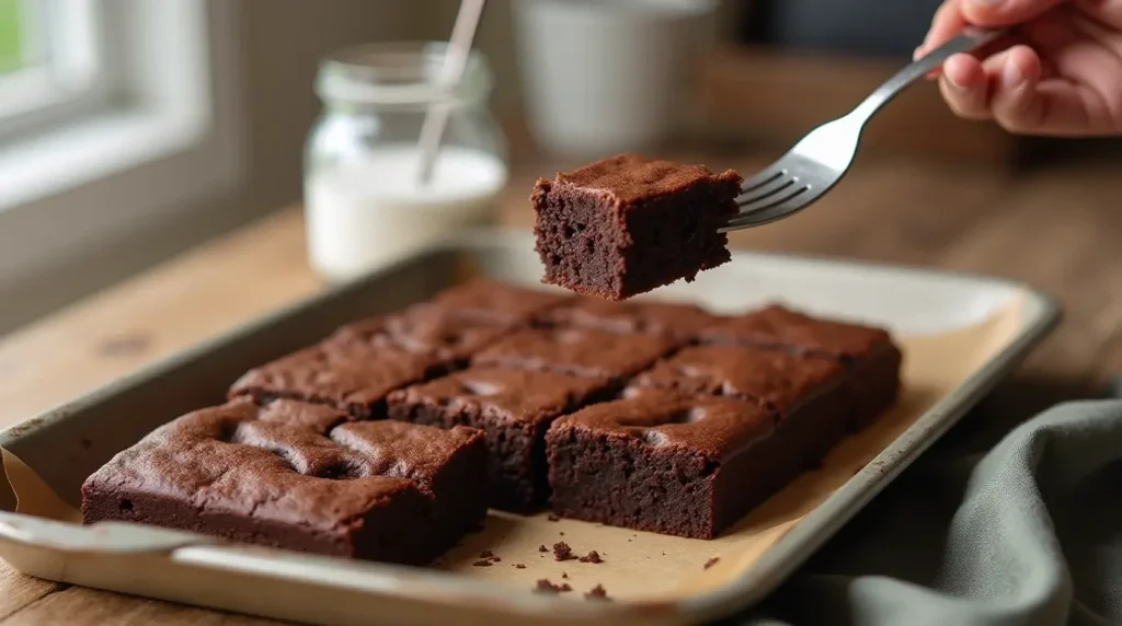 Close-up of a freshly baked brownie being lifted with a fork, showcasing its gooey texture.