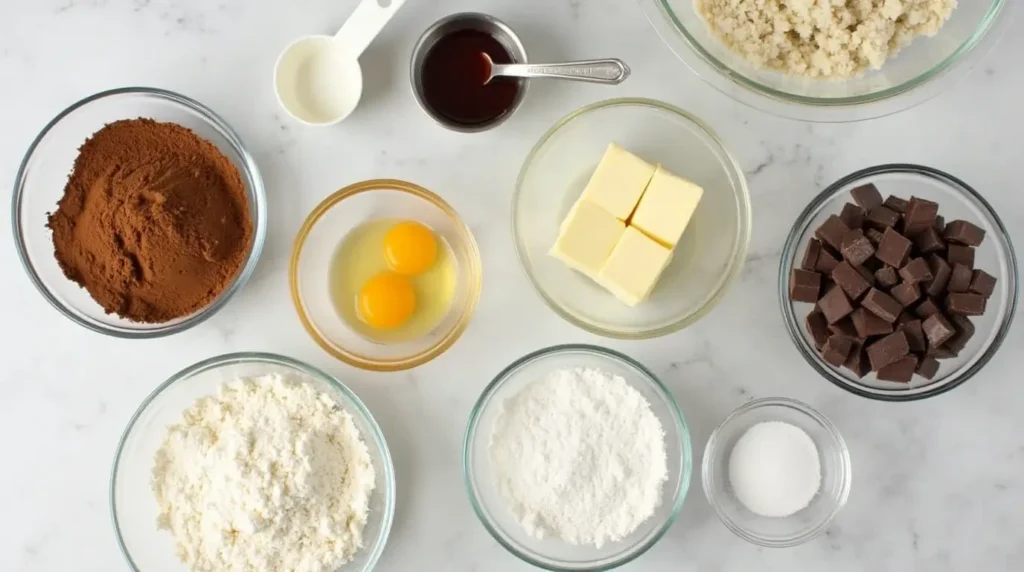 Overhead shot of brownie-making ingredients: cocoa powder, sugar, butter, eggs, flour, and chocolate chunks.