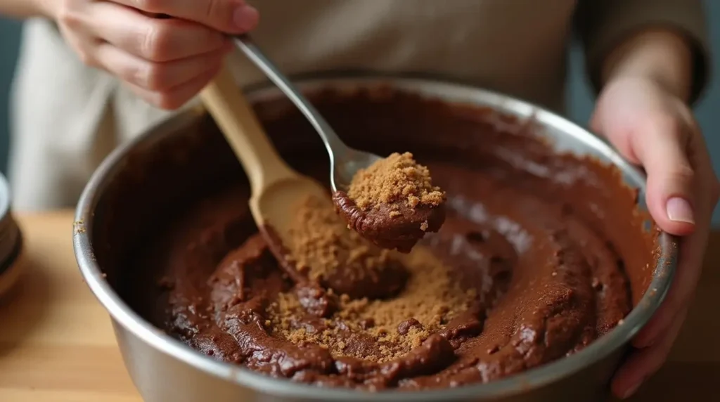 Close-up of a person adding brown sugar to brownie batter, enhancing sweetness.