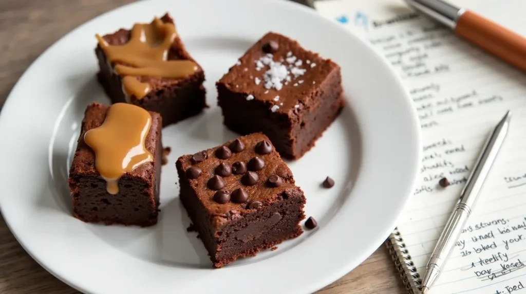 A plate of brownie variations topped with caramel, sea salt, and chocolate chips.