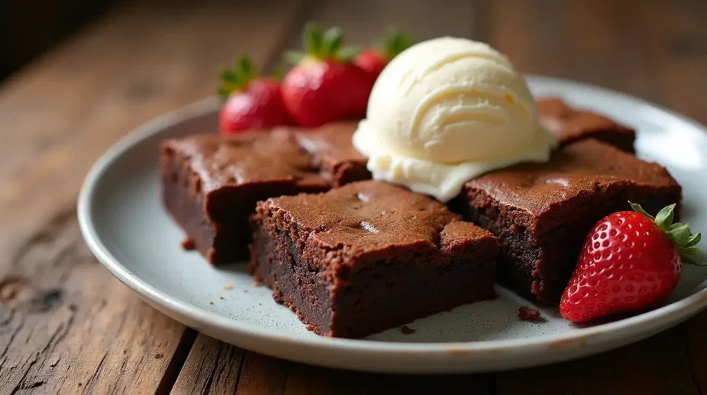 Plate of brownies served with vanilla ice cream and fresh strawberries on the side.  Make Sweeter Tips