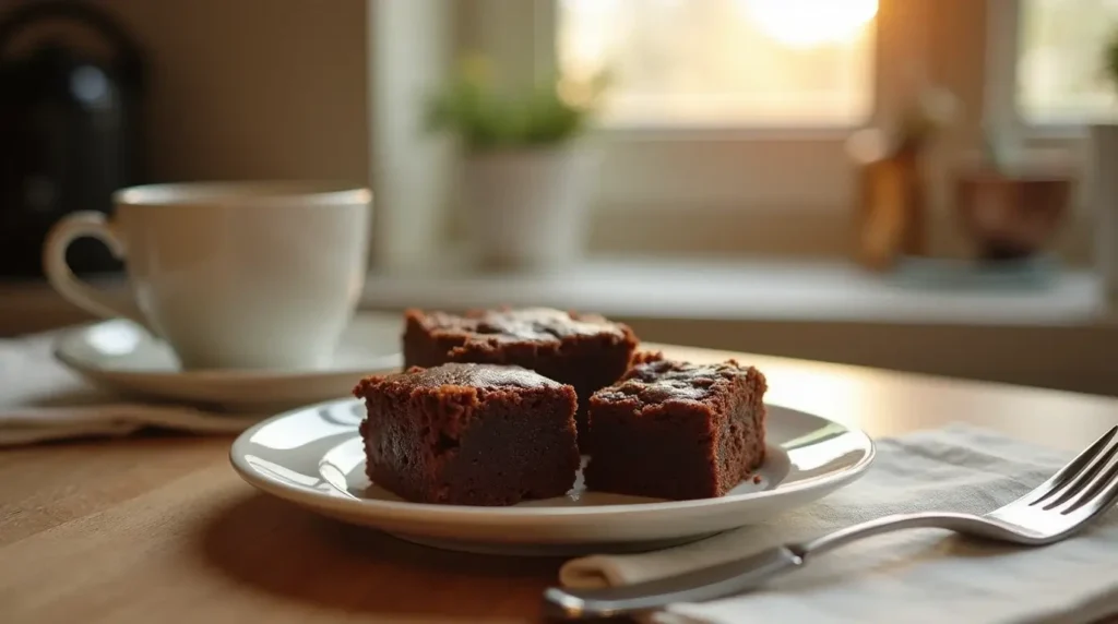 Cozy kitchen scene with a plate of brownies, coffee cup, and fork.