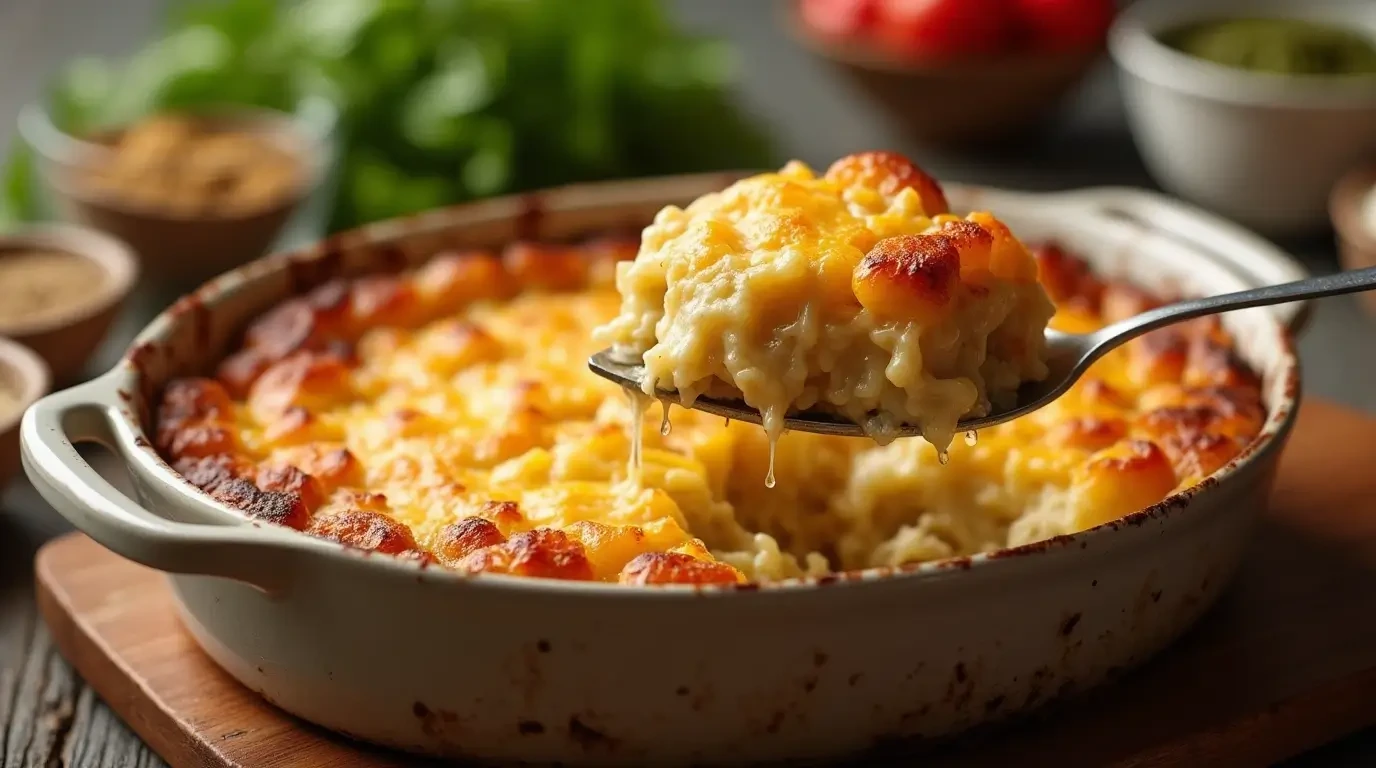 Food Casserole Comfort Comfort food casserole with a crispy, golden top and hearty layers of cheese and vegetables.