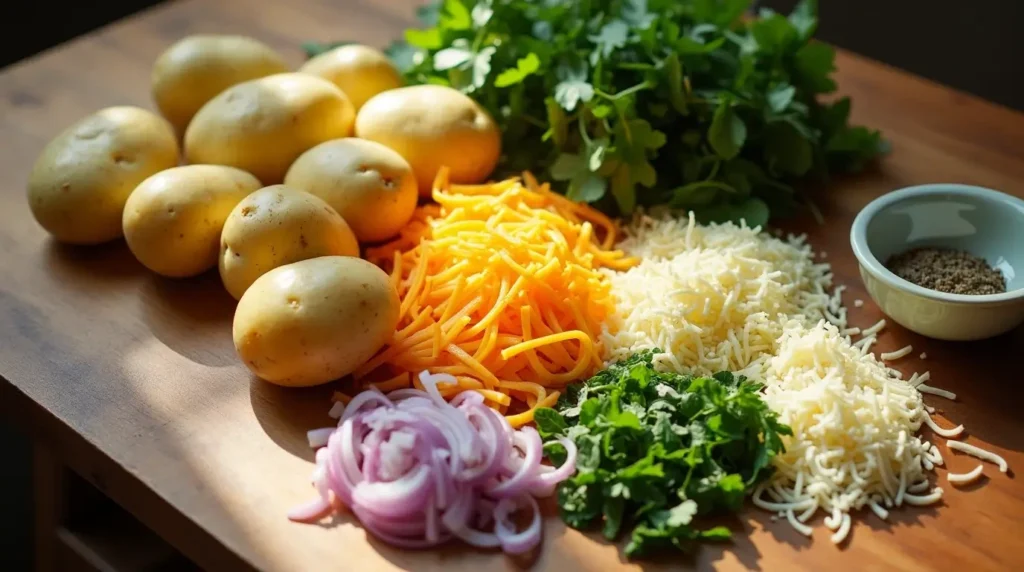 Ingredients for a comfort food casserole, including fresh potatoes, onions, herbs, and cheese.