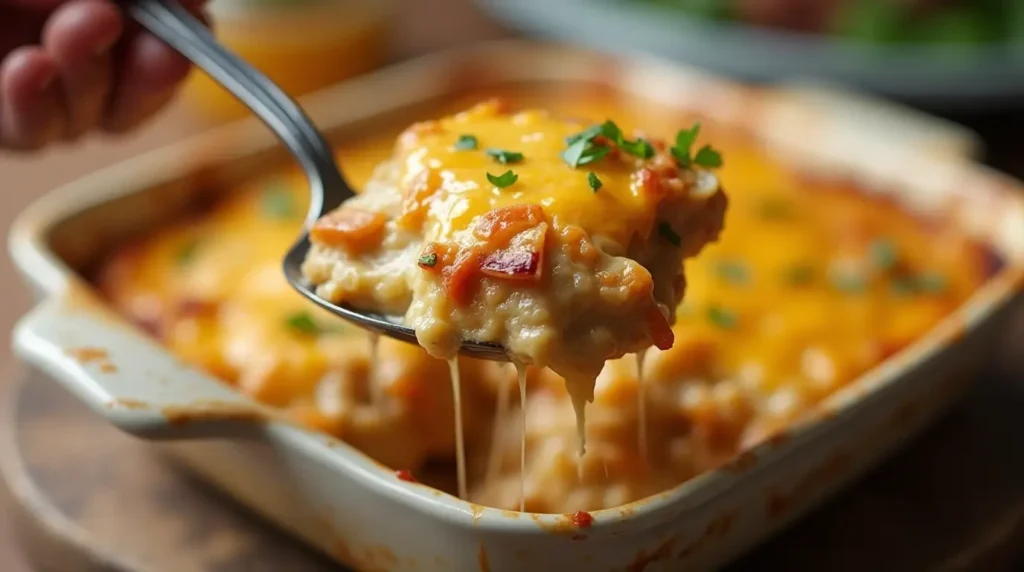 "Golden, crispy top of a freshly baked comfort food casserole in a ceramic dish.