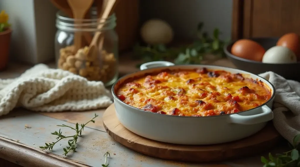 Food Casserole Comfort Comfort food casserole in a cozy kitchen setting with wooden utensils.