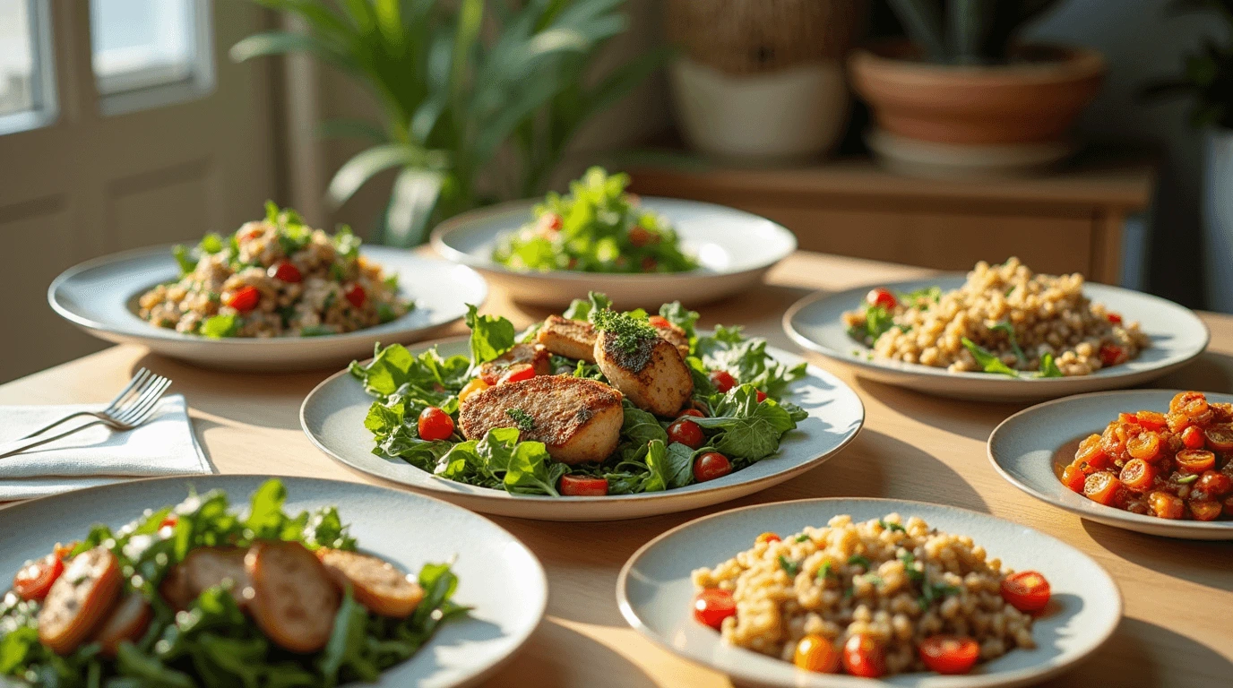 Five light dinner ideas on a stylish dining table, including a fresh salad, grilled fish with vegetables, vegetable stir-fry with tofu, quinoa salad with avocado, and vegetable pasta.