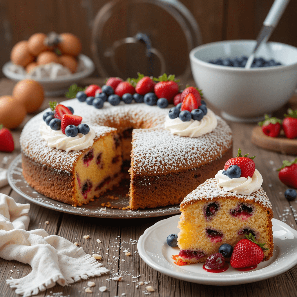 Slice of cake mix fruit eggs recipe served with whipped cream, fresh berries, and chocolate sauce, paired with coffee.