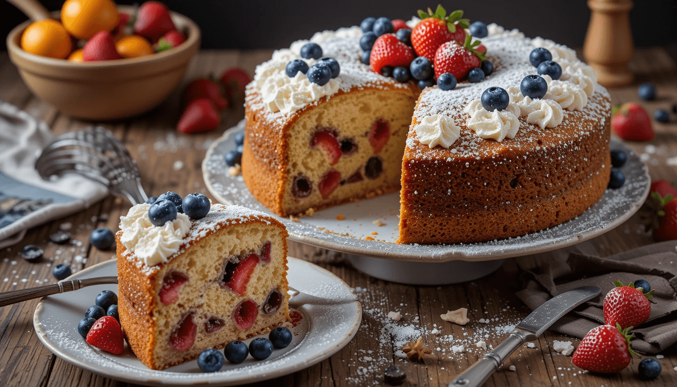 Freshly baked fruit cake made with cake mix, eggs, and fresh berries, garnished with whipped cream and powdered sugar, served on a rustic wooden table.