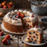 Happy family enjoying a slice of fruit cake made with cake mix, eggs, and fresh berries in a cozy kitchen setting.