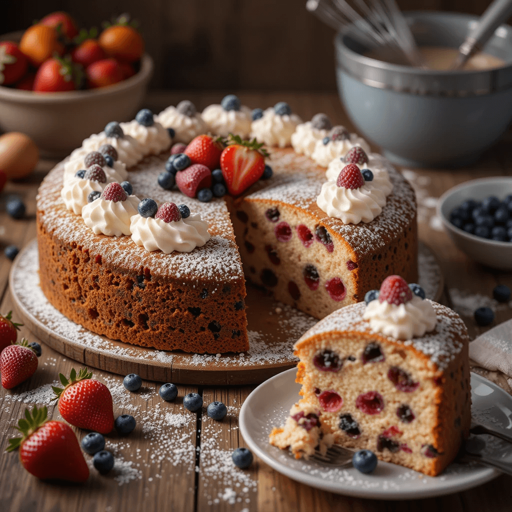 Happy family enjoying a slice of fruit cake made with cake mix, eggs, and fresh berries in a cozy kitchen setting.