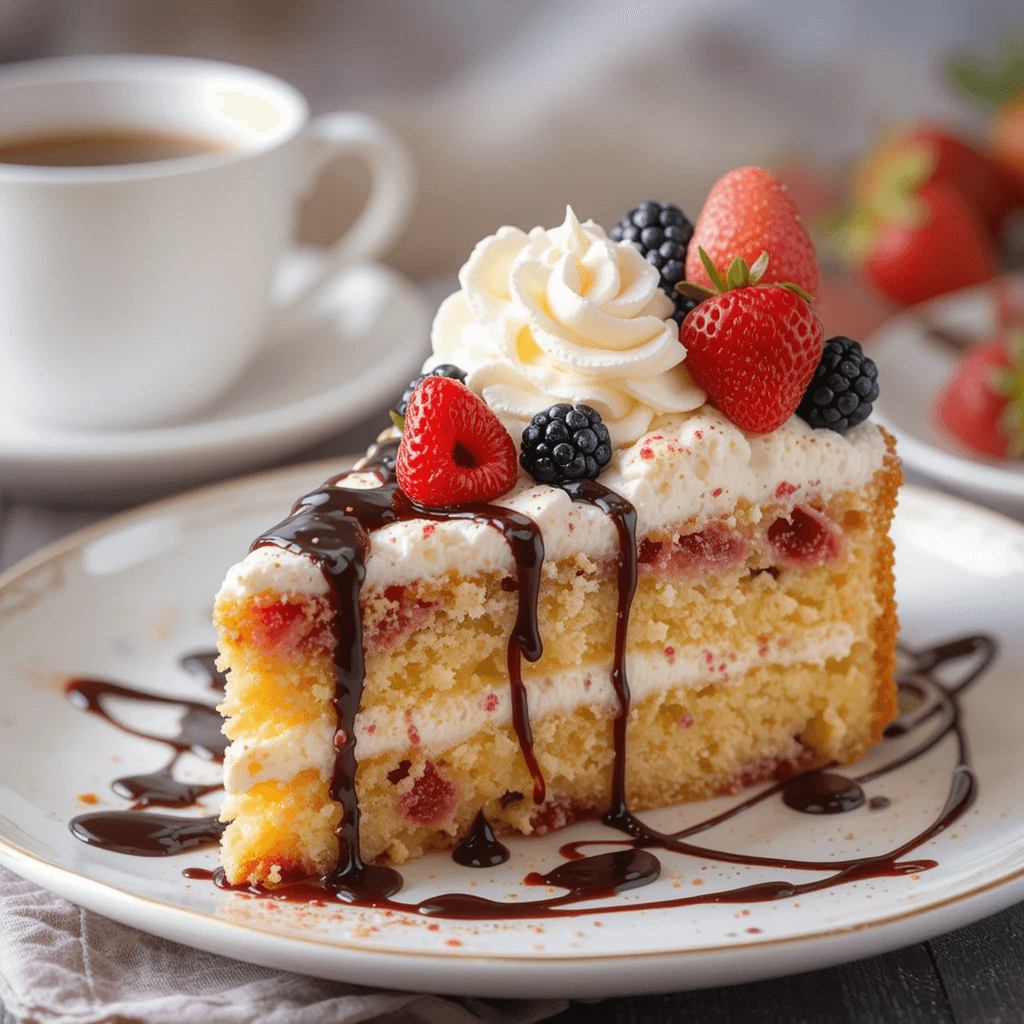 Slice of cake mix fruit eggs recipe served with whipped cream, fresh berries, and chocolate sauce, paired with coffee.