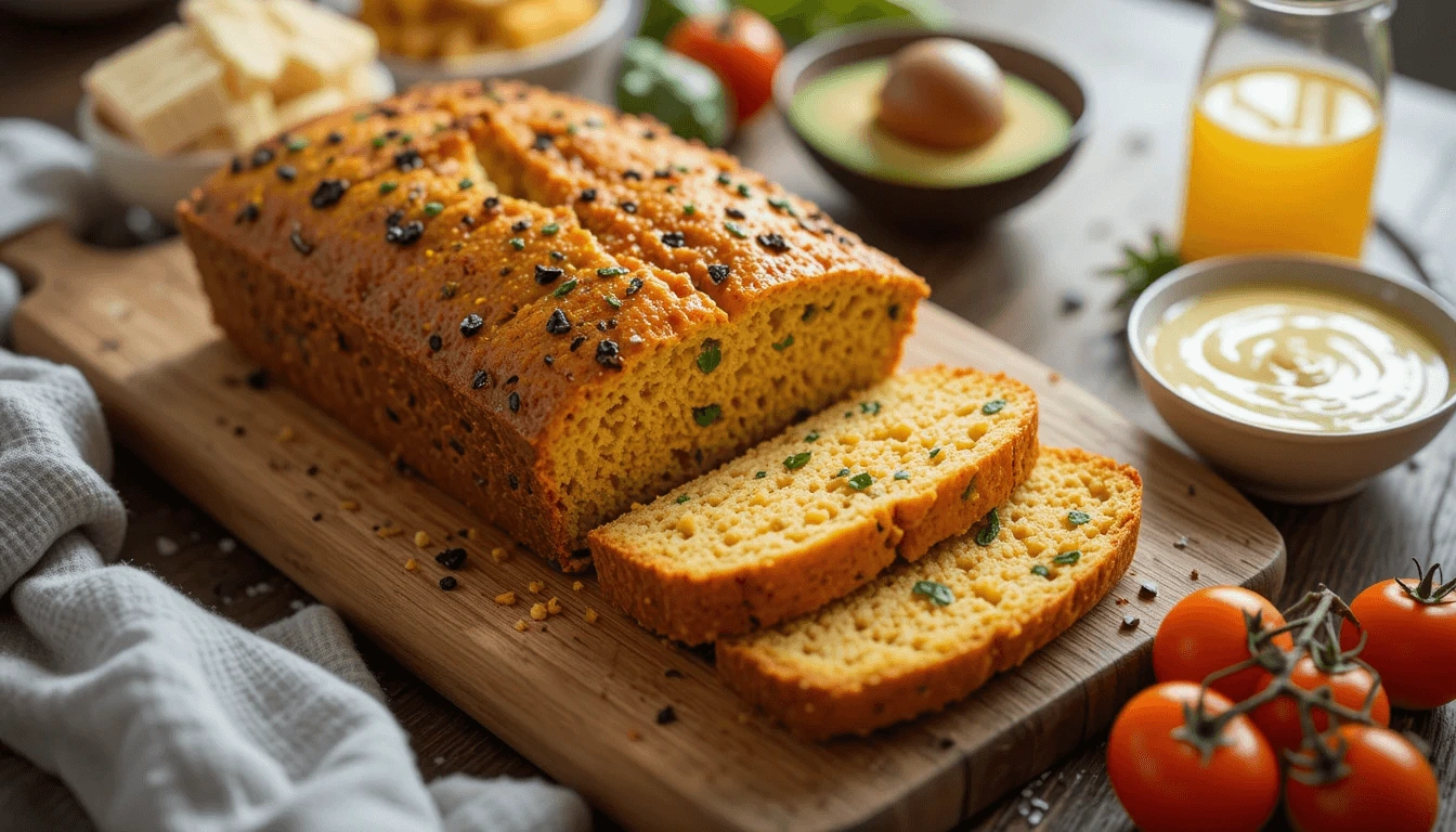 Golden-brown vegan egg loaf on a wooden board with fresh ingredients like tofu, chickpea flour, and avocado slices.