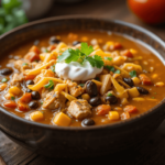 A bowl of chicken taco soup with cheese, sour cream, cilantro, and lime, served with a rustic spoon.