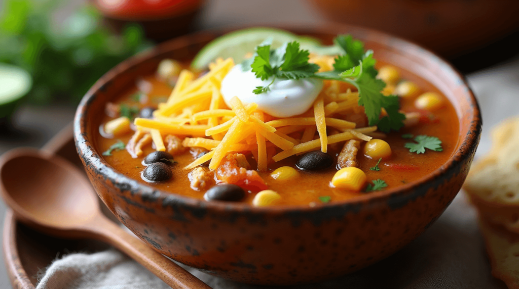 Delicious chicken taco soup with tender chicken, beans, corn, and topped with fresh garnishes like cilantro, lime, and sour cream.