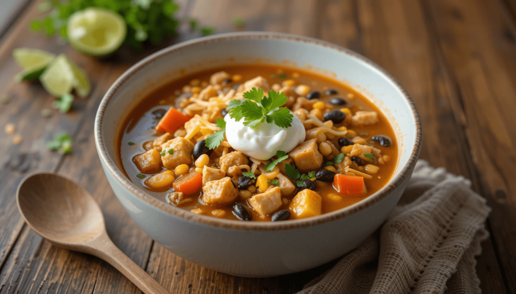 A bowl of chicken taco soup garnished with melted cheese, sour cream, cilantro, and lime.