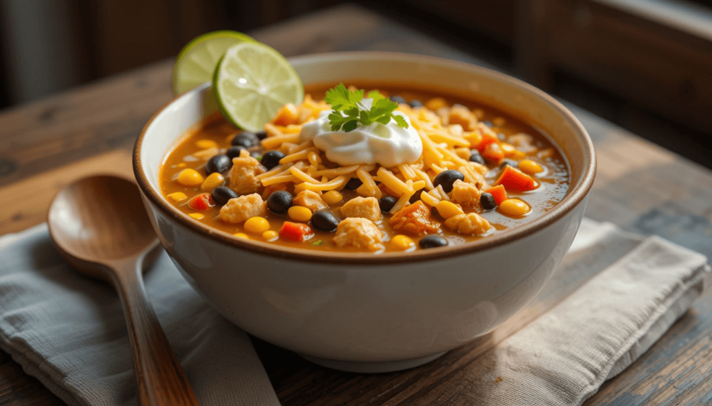 A bowl of chicken taco soup with chicken, beans, corn, and fresh toppings like cilantro, lime, and sour cream.