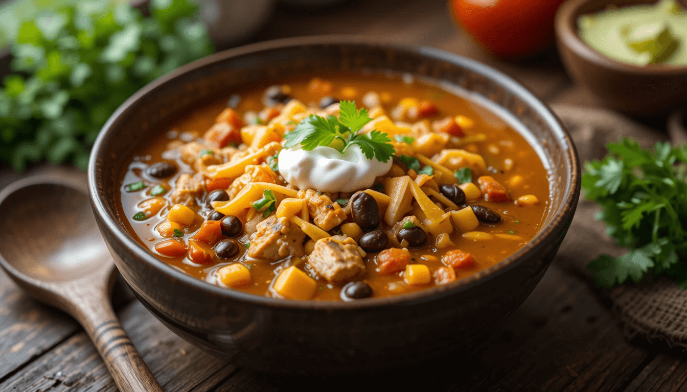 A bowl of chicken taco soup with cheese, sour cream, cilantro, and lime, served with a rustic spoon.