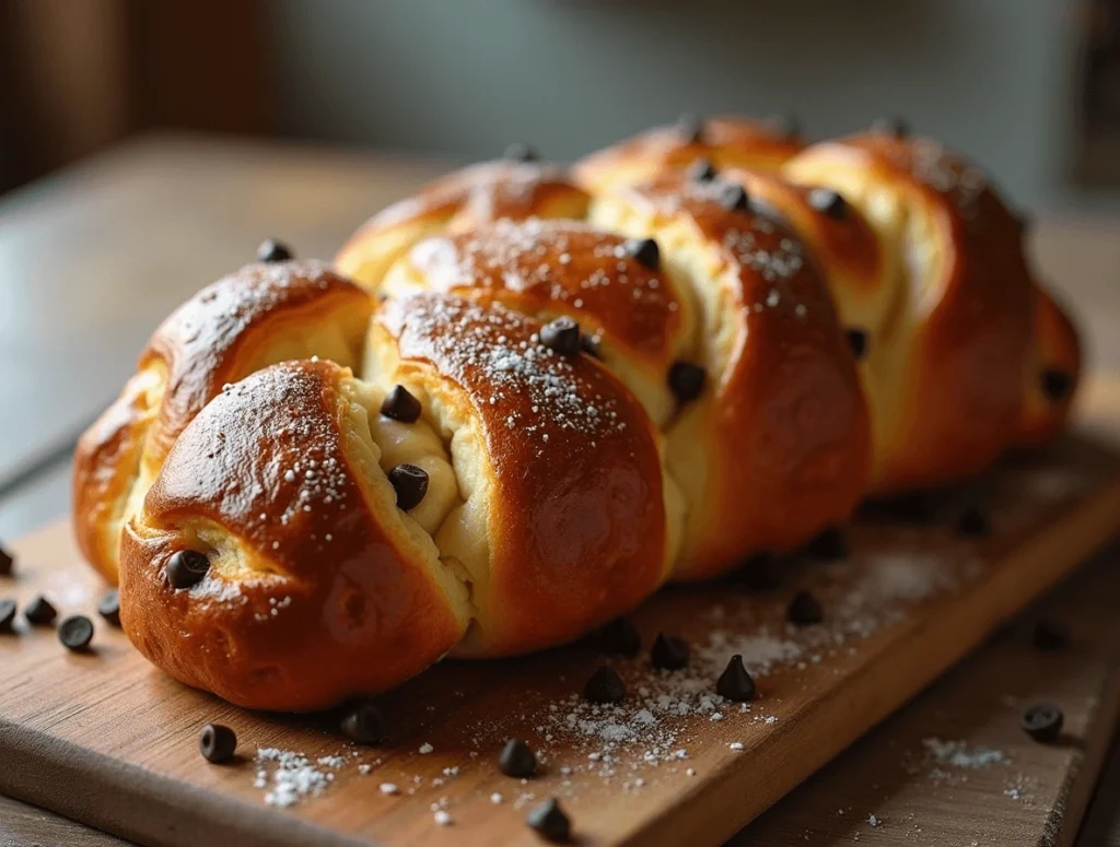 Sliced braided chocolate chip brioche on a plate with a golden, fluffy interior.