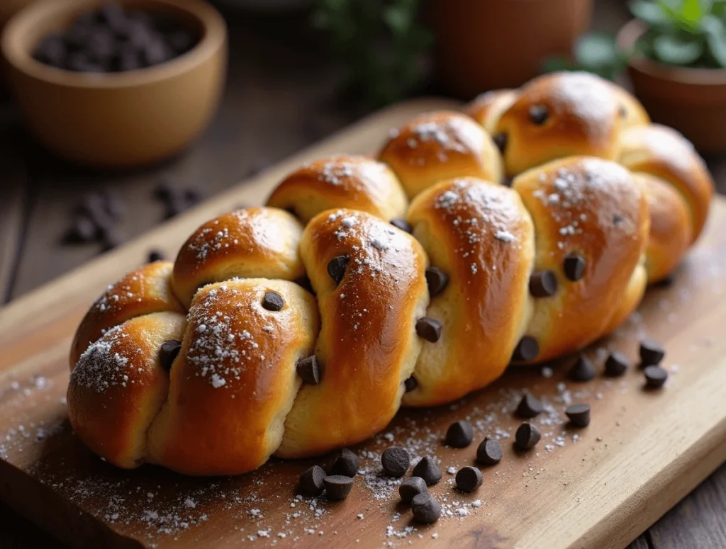 Golden-brown braided chocolate chip brioche loaf with gooey chocolate chunks.